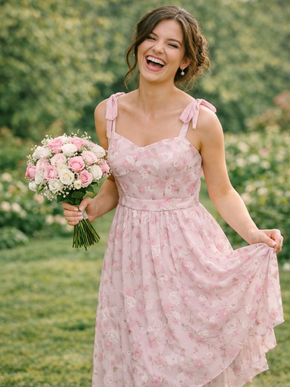 Pink Floral Vintage Style Dress Full Skirt Shoulder Tie Straps M-L See Measurent